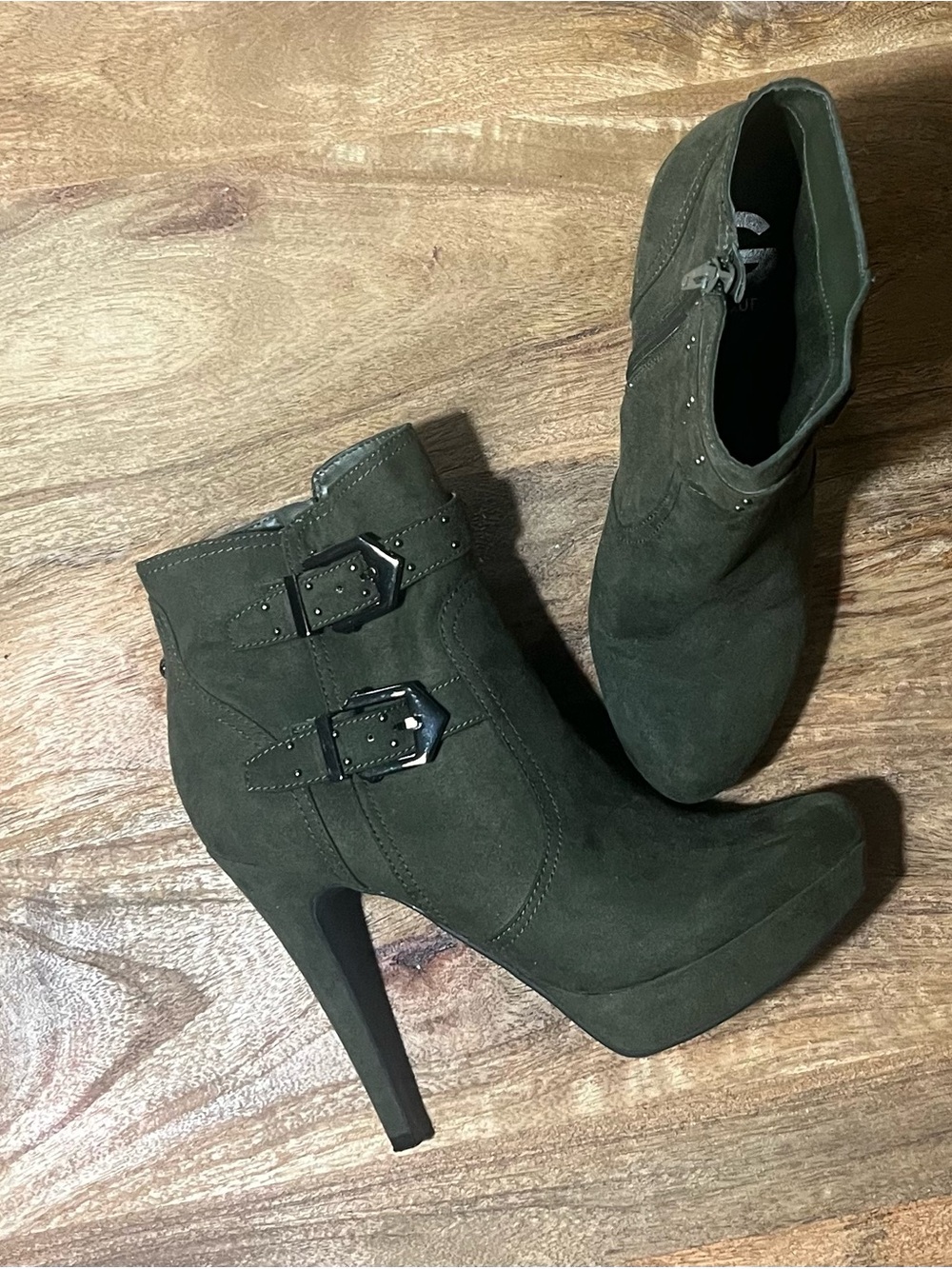 G by Guess Olive Green Suede High Heel Ankle Boots with Buckles